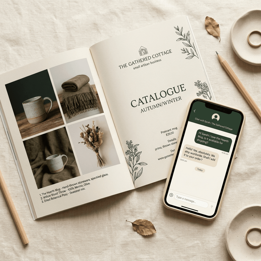 Une petite boutique connectée par QR code à trois téléphones avec un bouton Acheter et un badge 24/7.